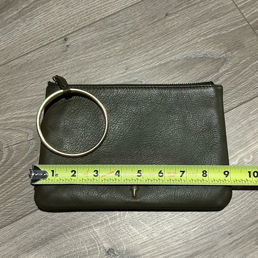 Thacker New York Olive Green Leather Clutch / Wristlet with Ring handle.